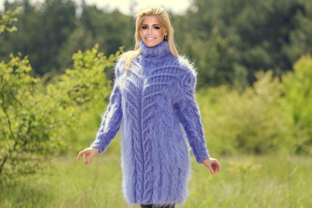 Fuzzy Mohair Sweater Kleid handgestrickte Rollkragen Fuzzy Sweat