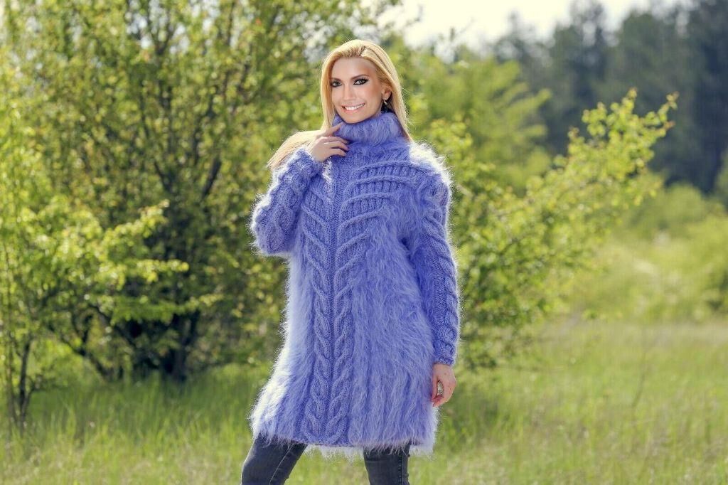 Fuzzy Mohair Sweater Kleid handgestrickte Rollkragen Fuzzy Sweat