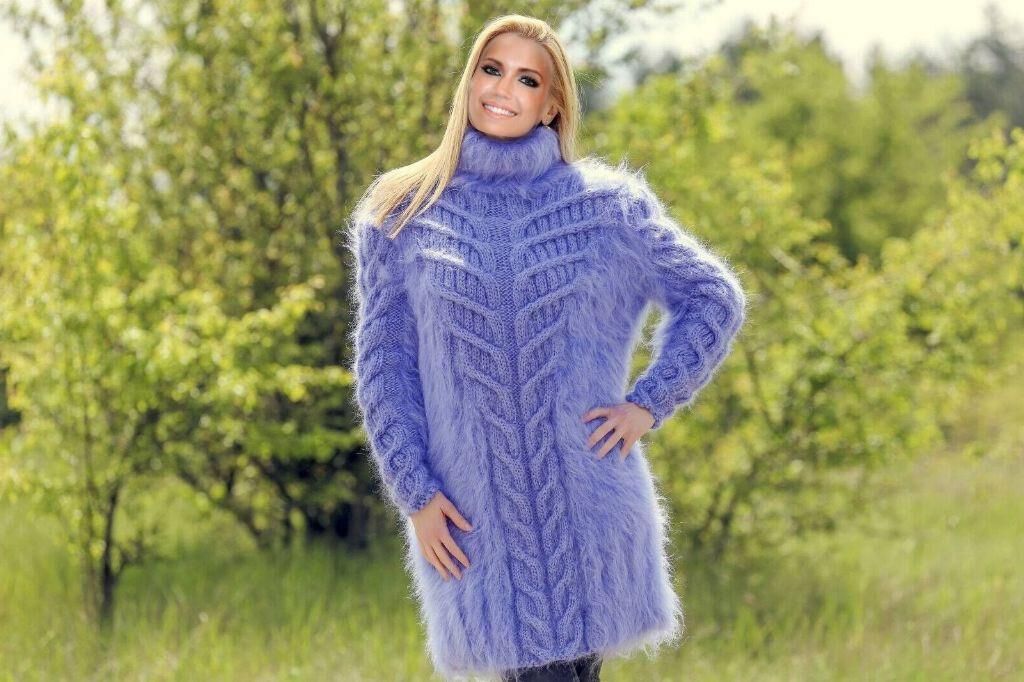 Fuzzy Mohair Sweater Kleid handgestrickte Rollkragen Fuzzy Sweat