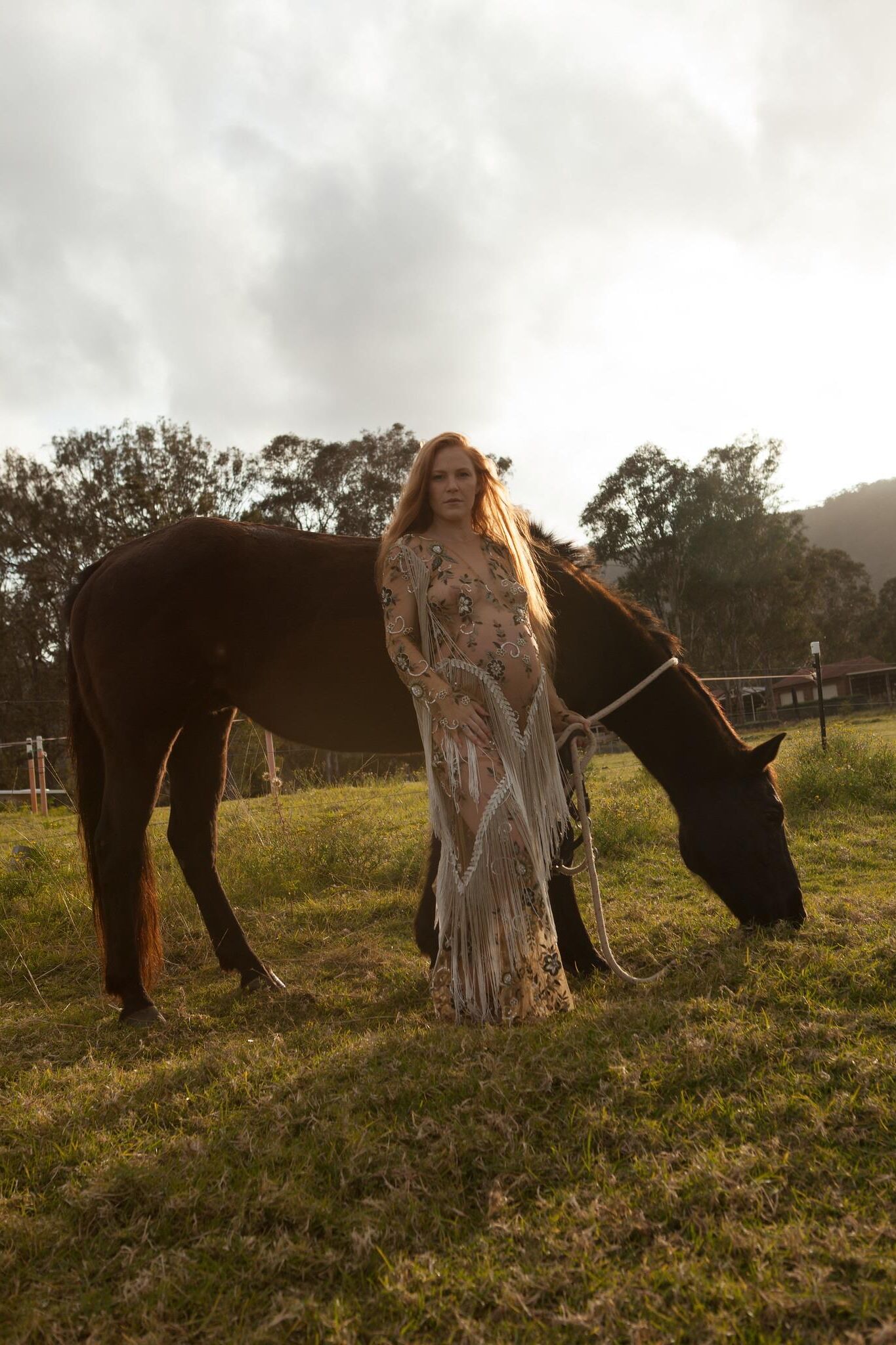 Pregnant redhead a friend and a horse