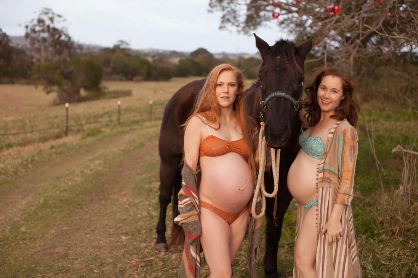 Pregnant redhead a friend and a horse