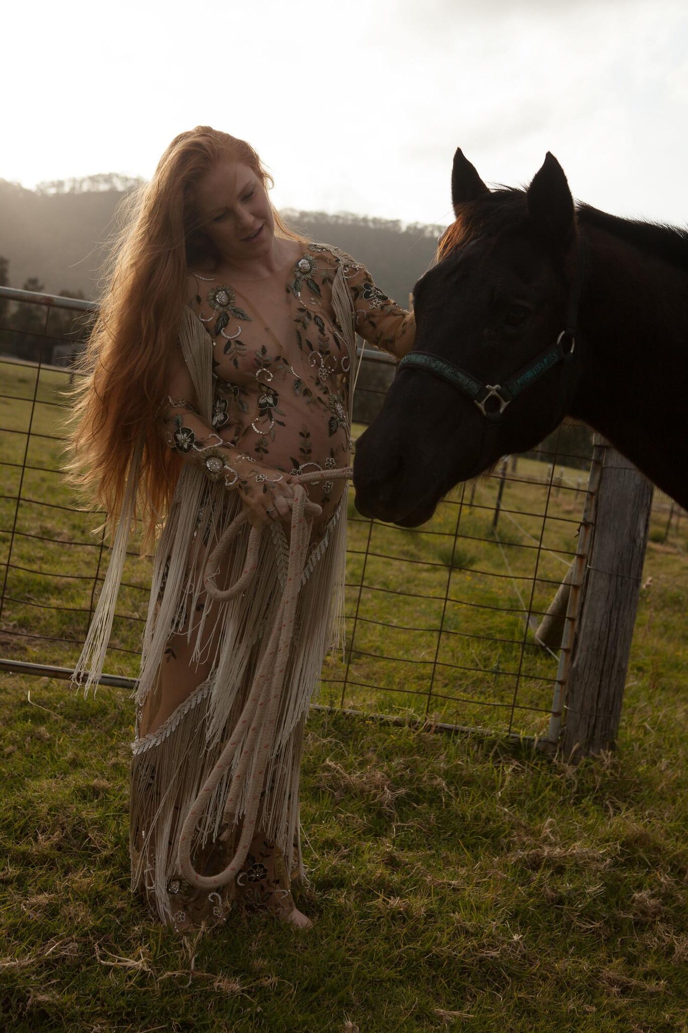 Pregnant redhead a friend and a horse