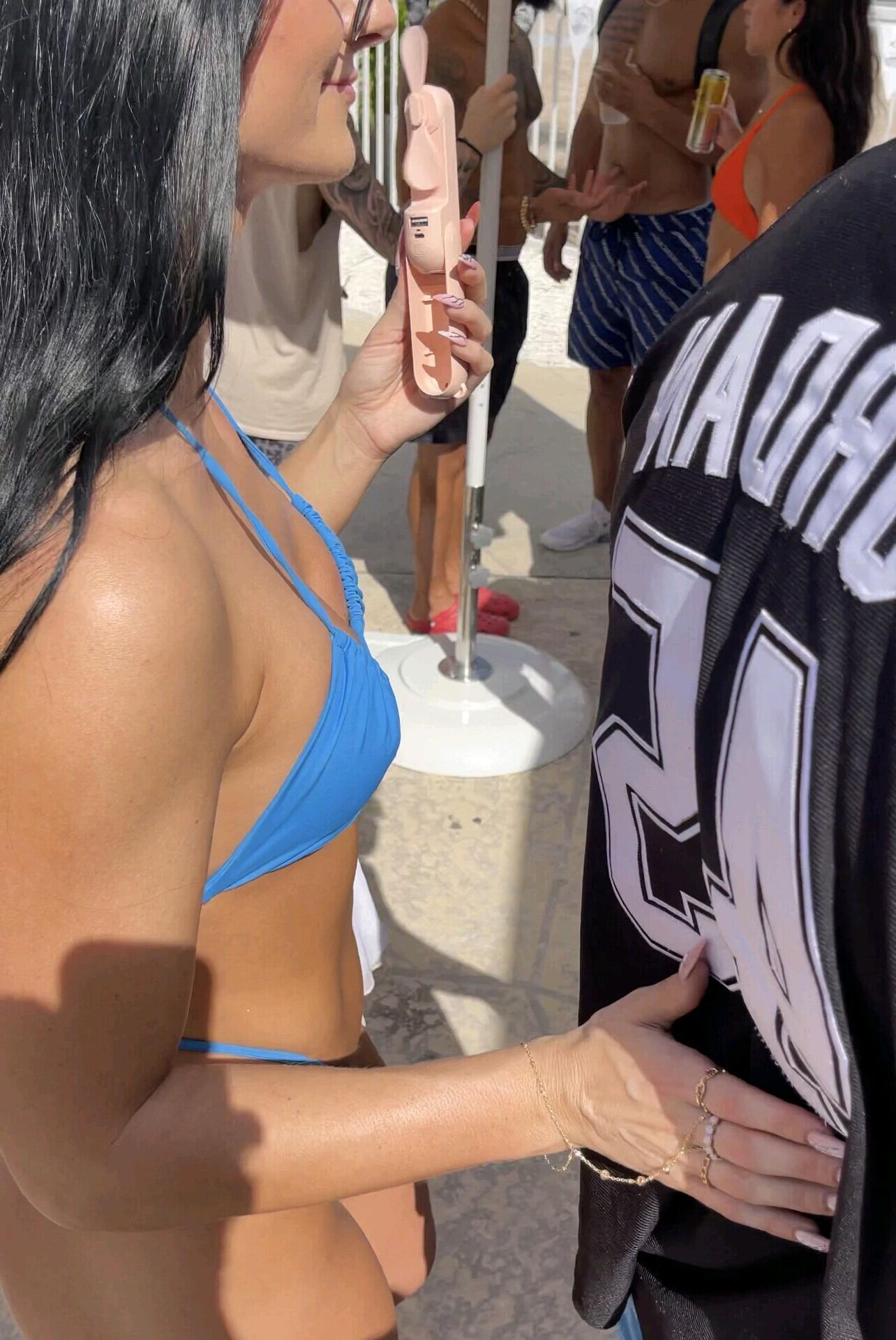 Tiny blue string bikini   closeup cameltoe