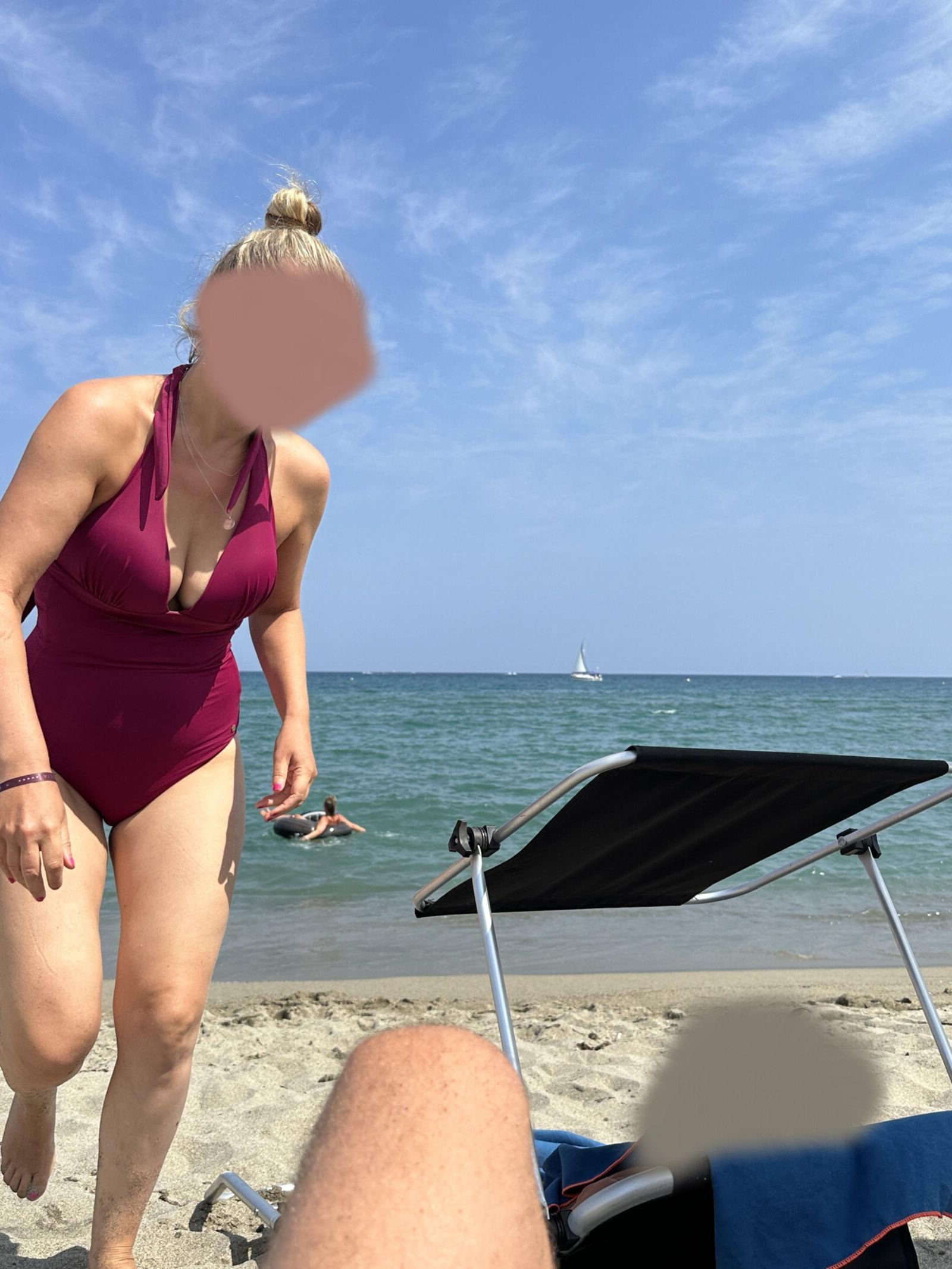 My wife showing her boobs in sexy swimsuit on holidays