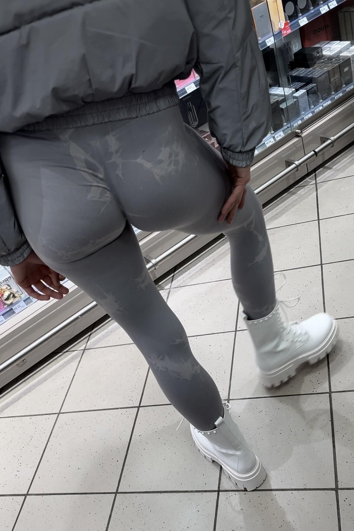 skinny teen in tight leggings bending over