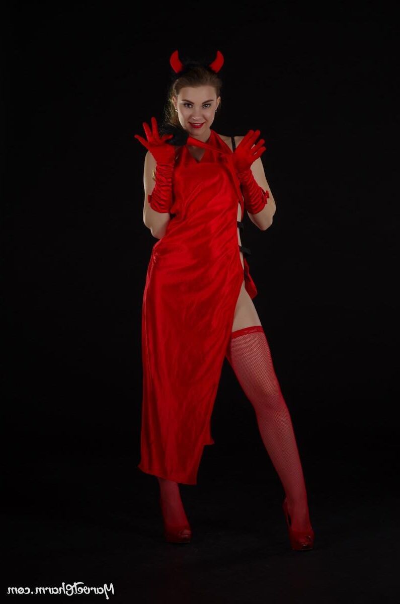 Marvelous Monica devilish red witch too hot to keep her dress 