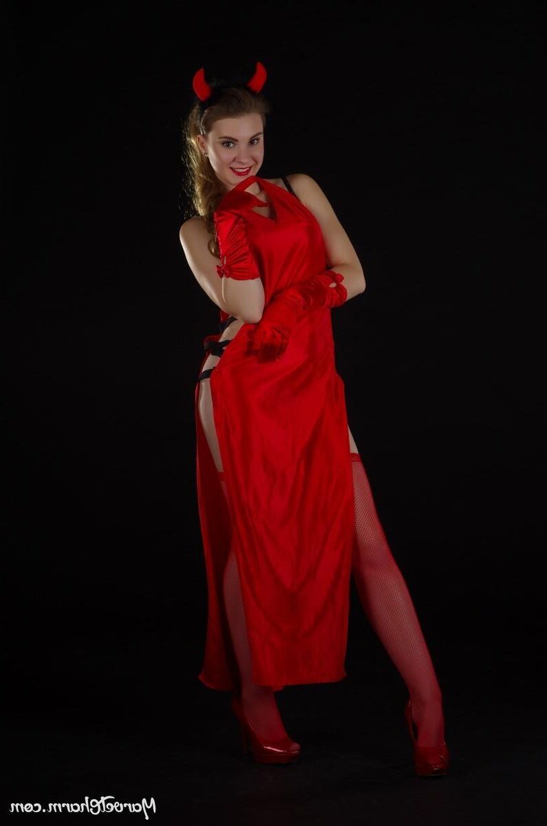 Marvelous Monica devilish red witch too hot to keep her dress 