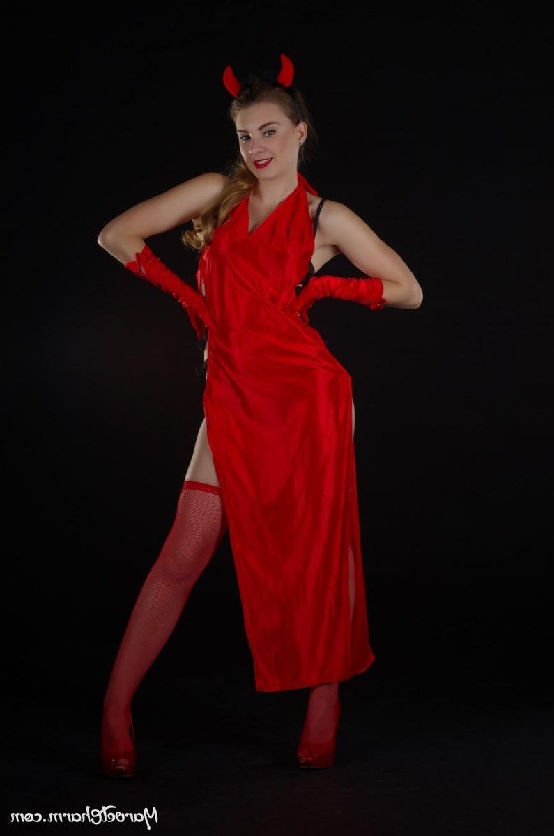 Marvelous Monica devilish red witch too hot to keep her dress 