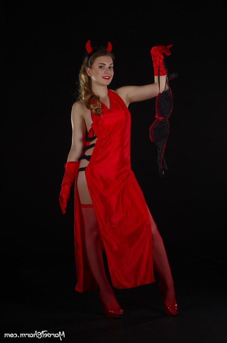 Marvelous Monica devilish red witch too hot to keep her dress 