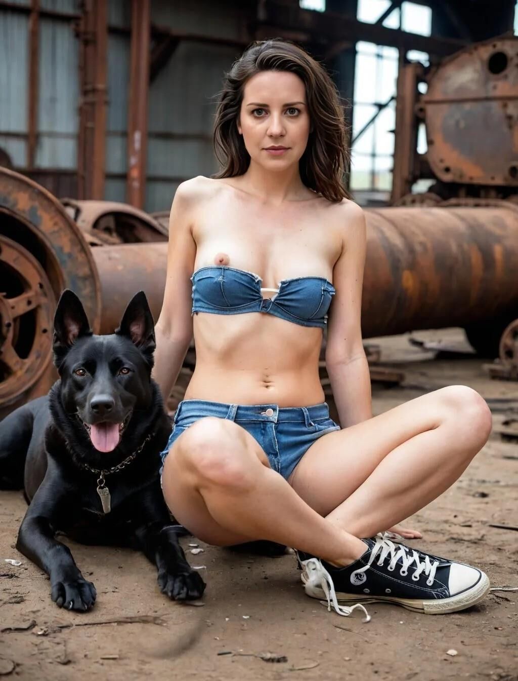 AI brunette wife posing with dogs