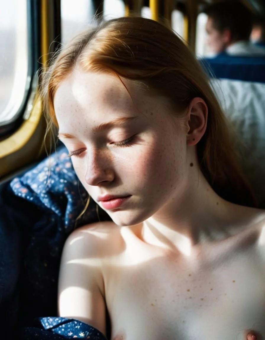 AI (Unknown Artist) Petite Redhead Sleeping on a Train