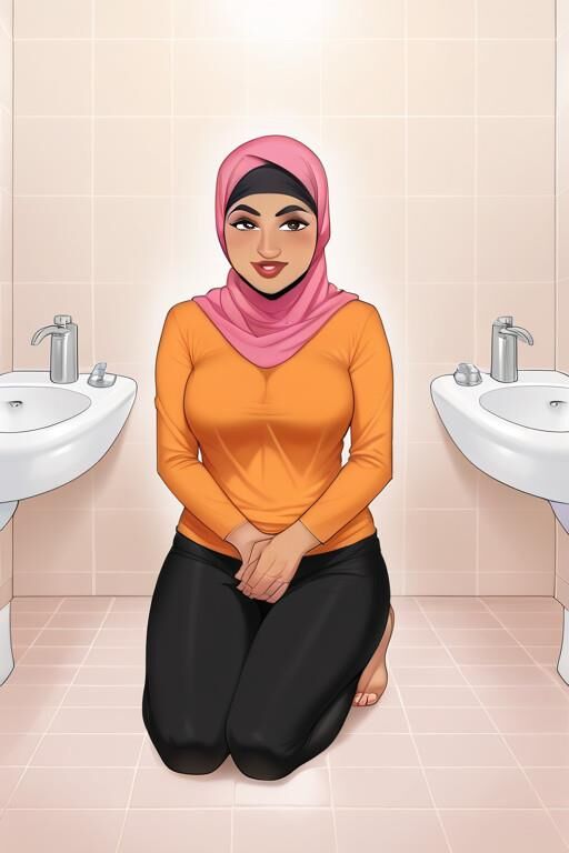 maman hijab à genoux dans la salle de bain 2