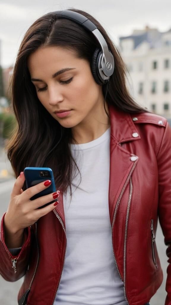 A.I. Headphone on Red Leather Jacket Babe