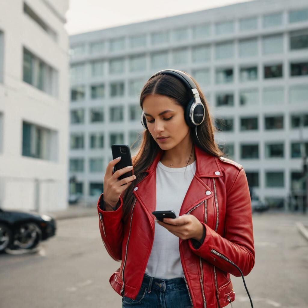 A.I. Headphone on Red Leather Jacket Babe