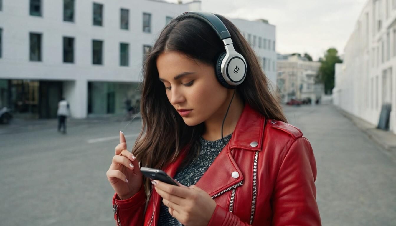 A.I. Headphone on Red Leather Jacket Babe