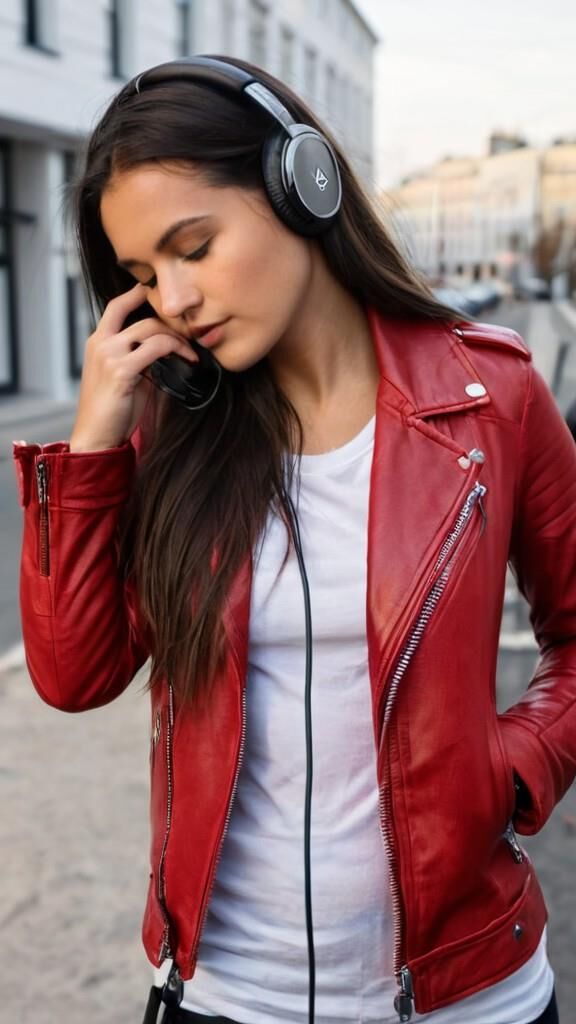 A.I. Headphone on Red Leather Jacket Babe