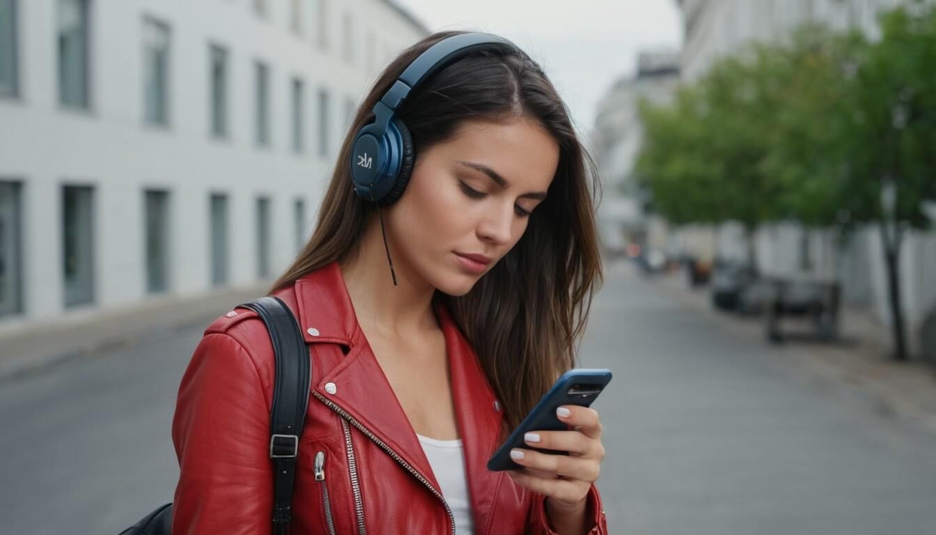 A.I. Headphone on Red Leather Jacket Babe