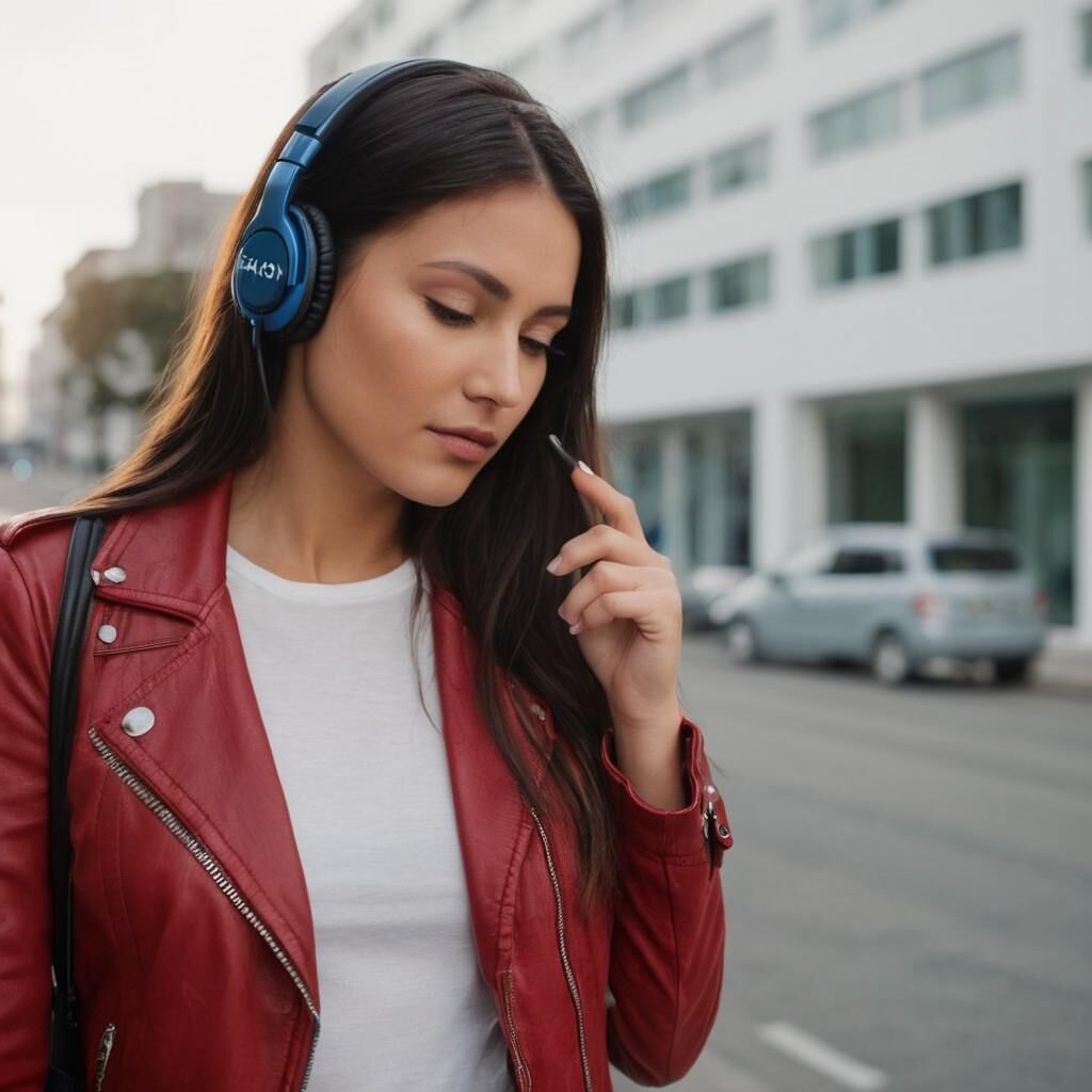 A.I. Headphone on Red Leather Jacket Babe