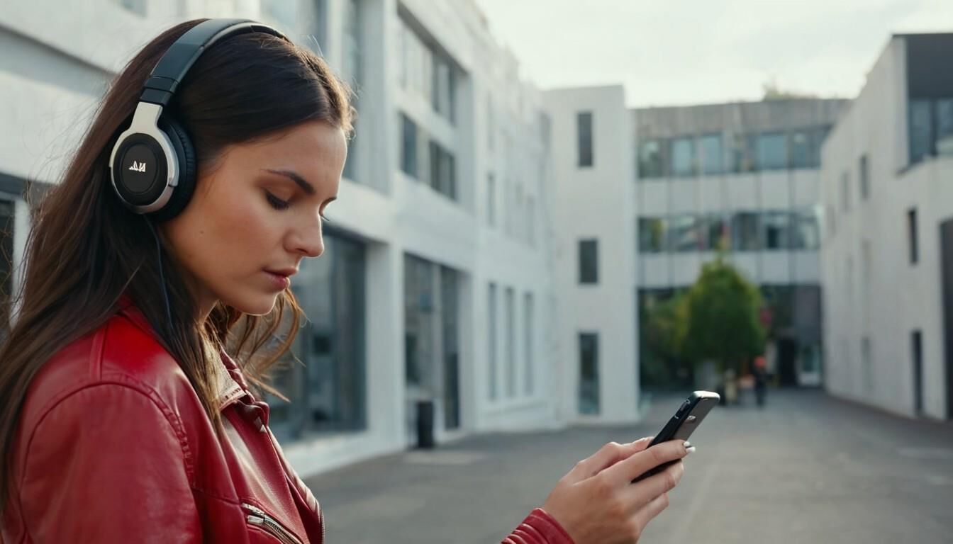 A.I. Headphone on Red Leather Jacket Babe