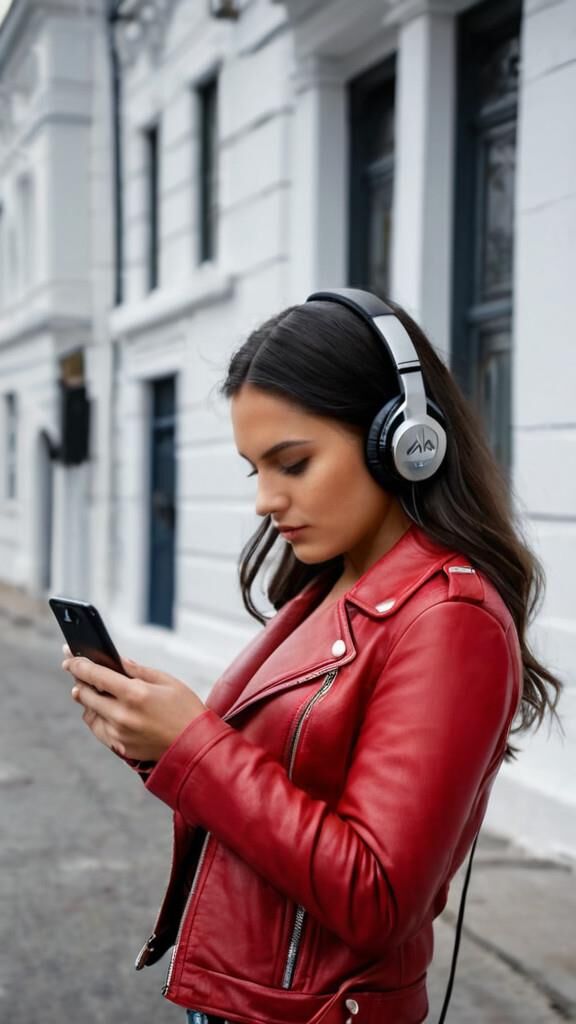 A.I. Headphone on Red Leather Jacket Babe