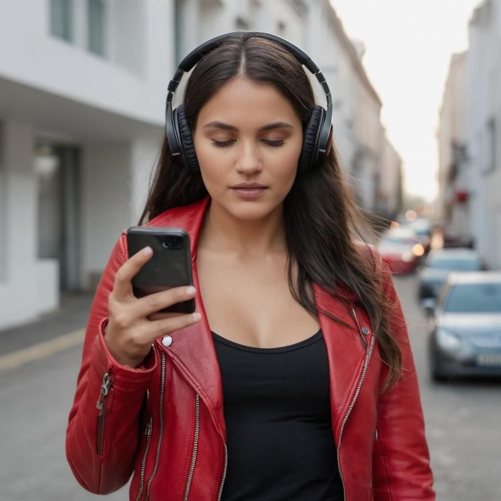 A.I. Headphone on Red Leather Jacket Babe