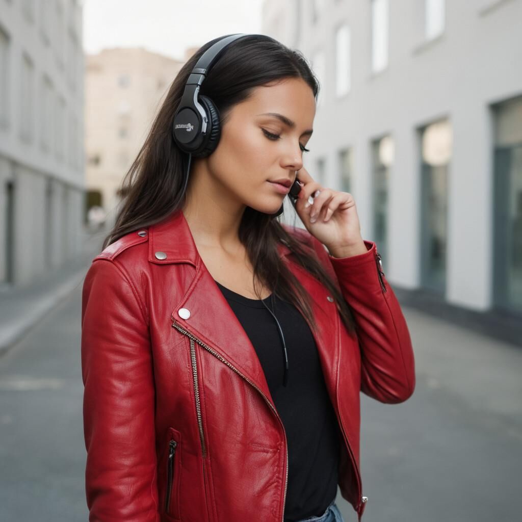 A.I. Headphone on Red Leather Jacket Babe