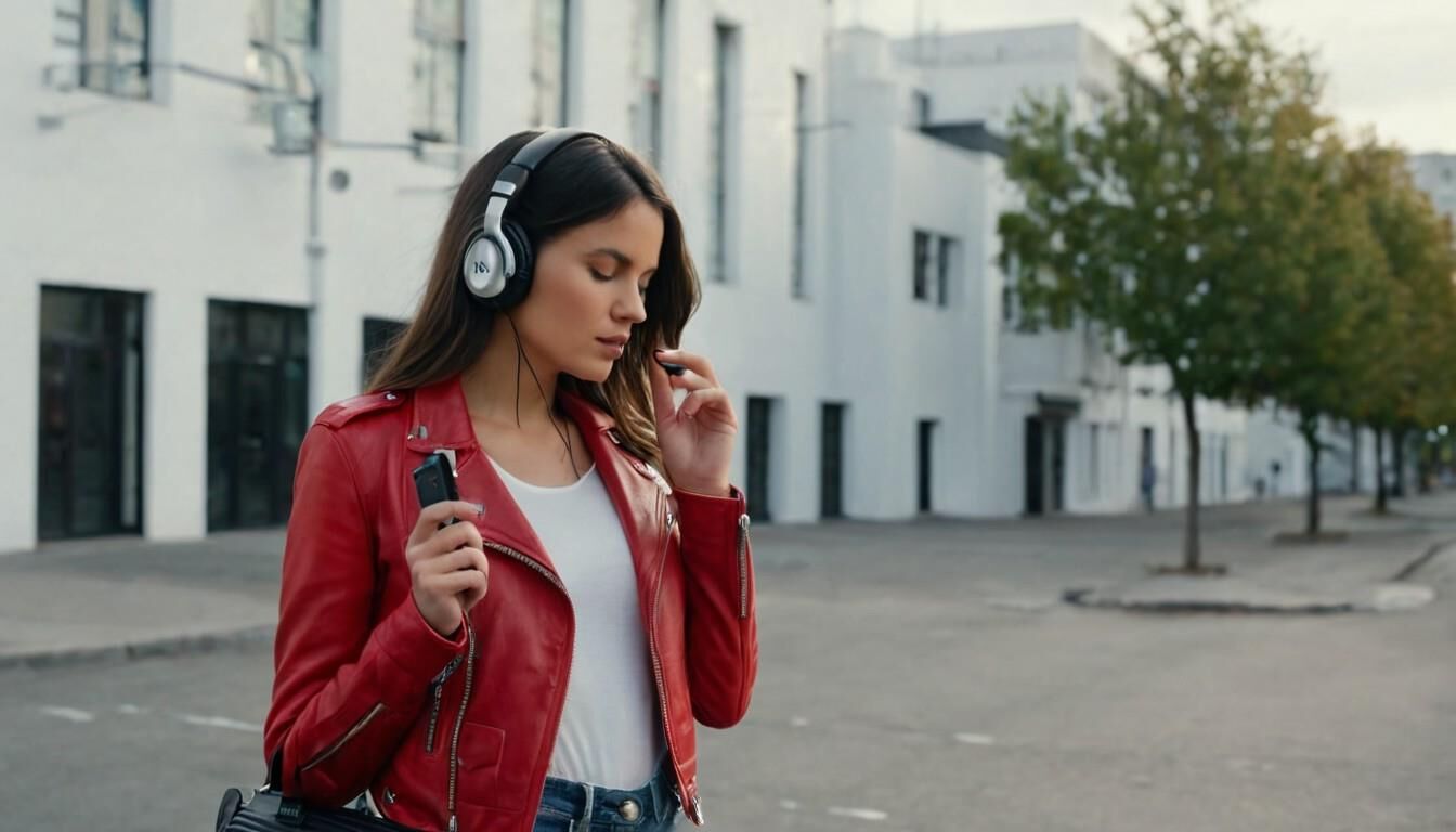 A.I. Headphone on Red Leather Jacket Babe