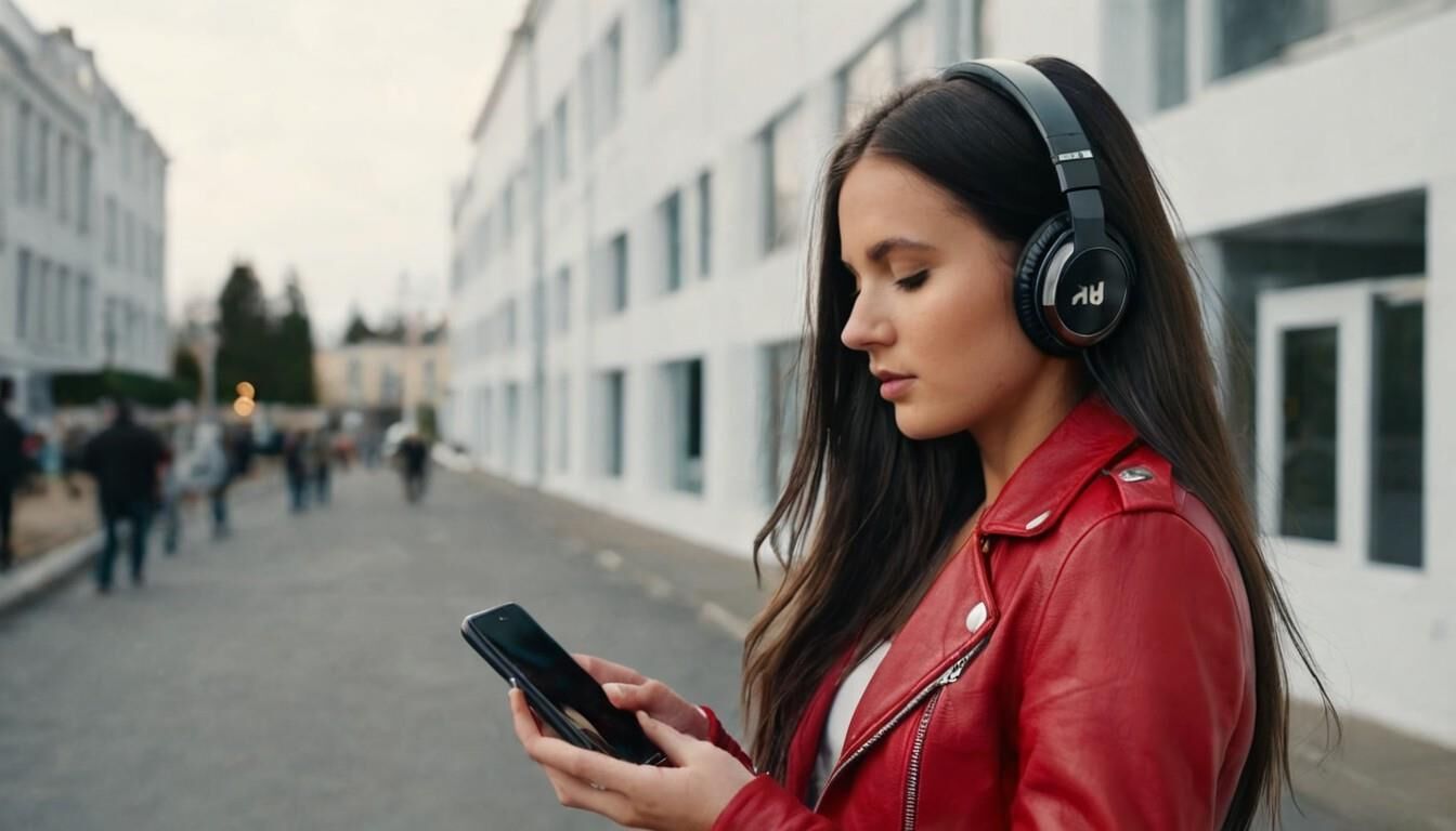 A.I. Headphone on Red Leather Jacket Babe