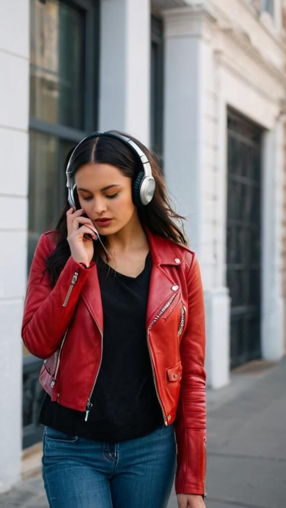 A.I. Headphone on Red Leather Jacket Babe