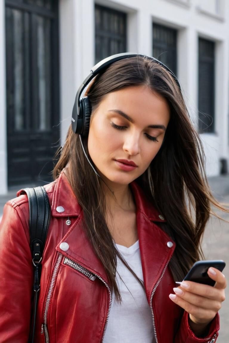 A.I. Headphone on Red Leather Jacket Babe