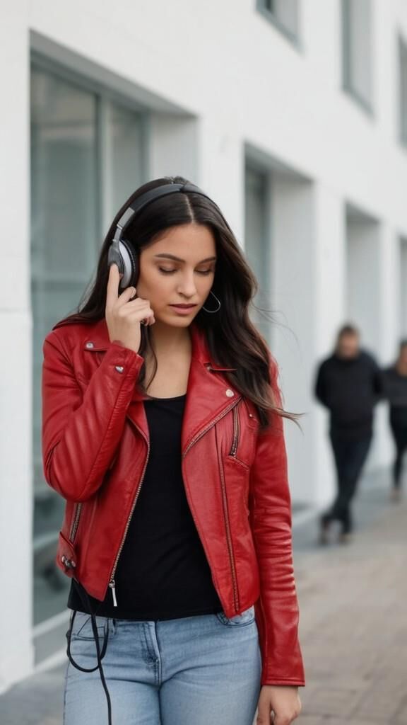 A.I. Headphone on Red Leather Jacket Babe