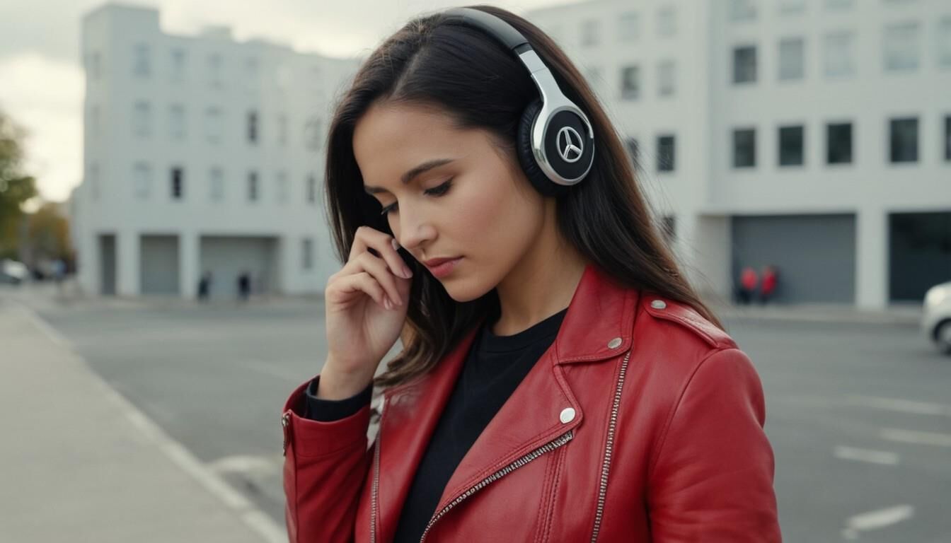 A.I. Headphone on Red Leather Jacket Babe