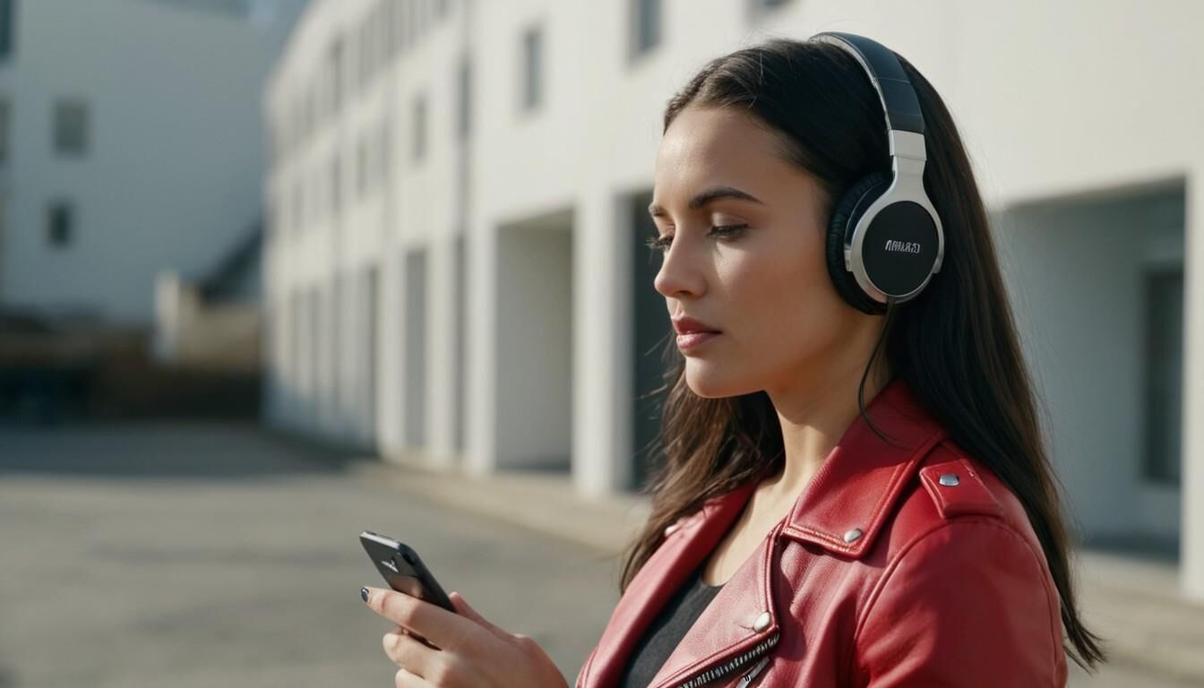 A.I. Headphone on Red Leather Jacket Babe