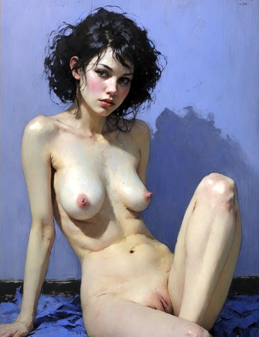 Posing nude with messy black hair