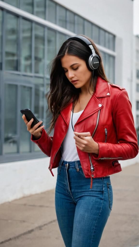 A.I. Headphone on Red Leather Jacket Babe