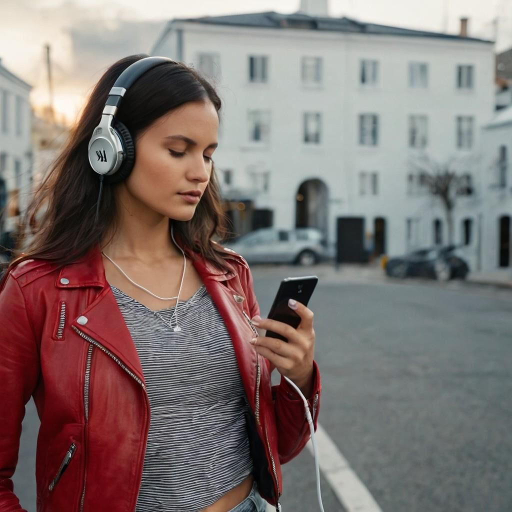 A.I. Headphone on Red Leather Jacket Babe