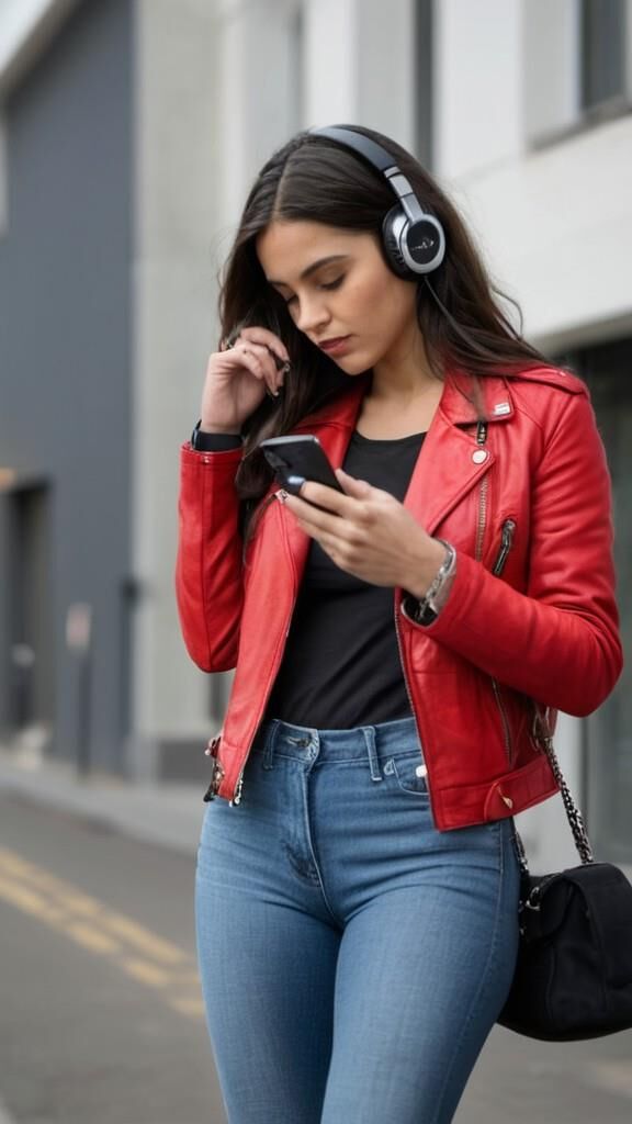 A.I. Headphone on Red Leather Jacket Babe