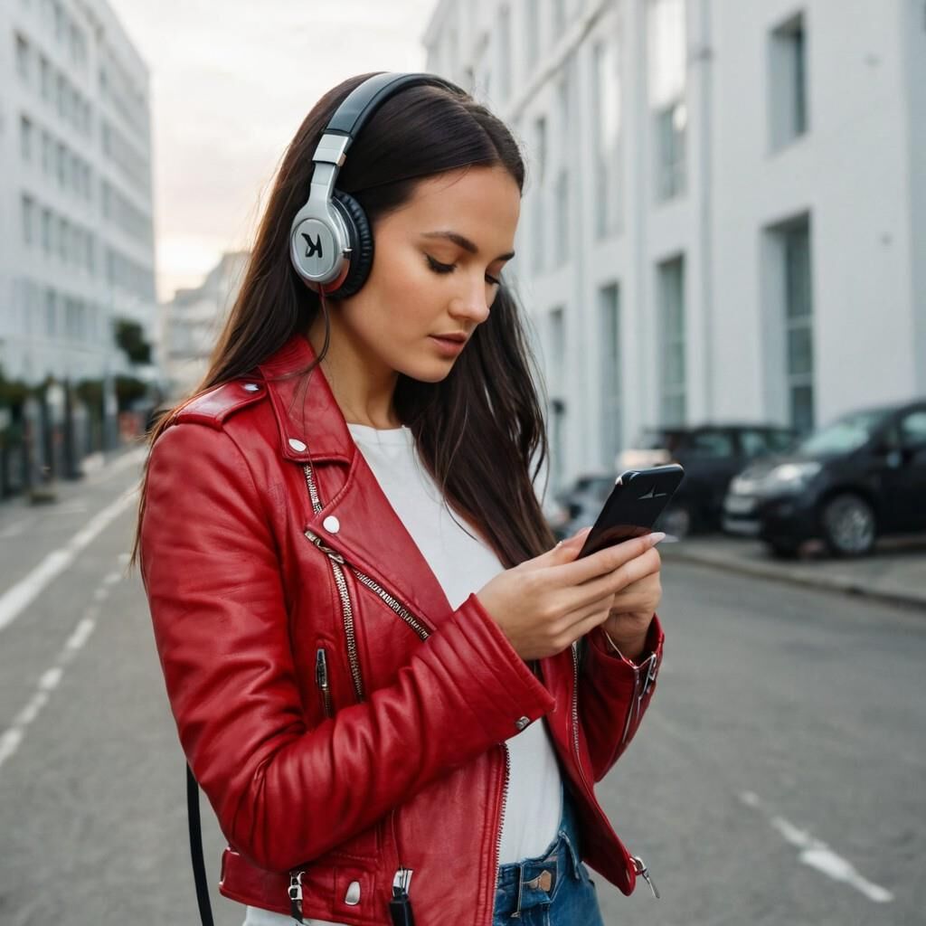 A.I. Headphone on Red Leather Jacket Babe