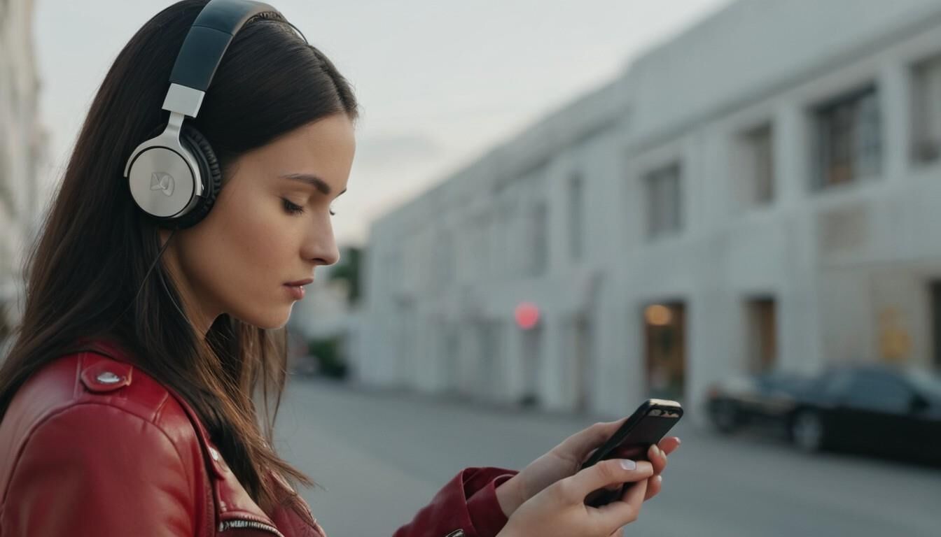 A.I. Headphone on Red Leather Jacket Babe