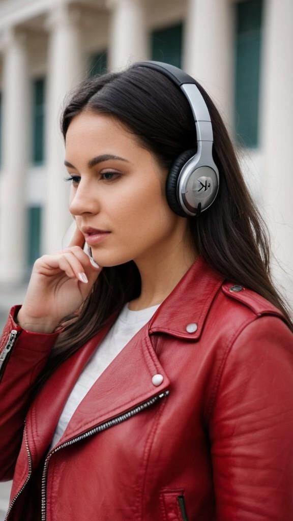 A.I. Headphone on Red Leather Jacket Babe