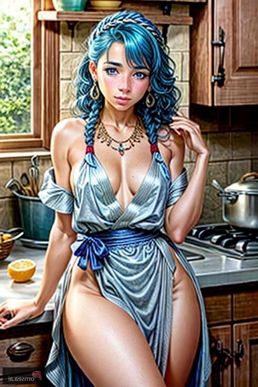 Kitchen tryst with a stunning blue-haired beauty