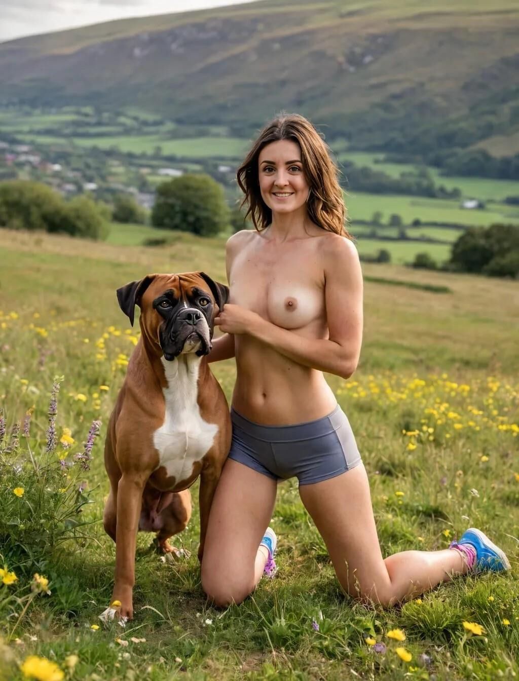 AI brunette bitch and boxer dog in the Welsh countryside