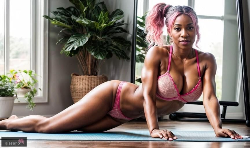 Nena fitness nigeriana de pelo rosado se bombea arriba y abajo