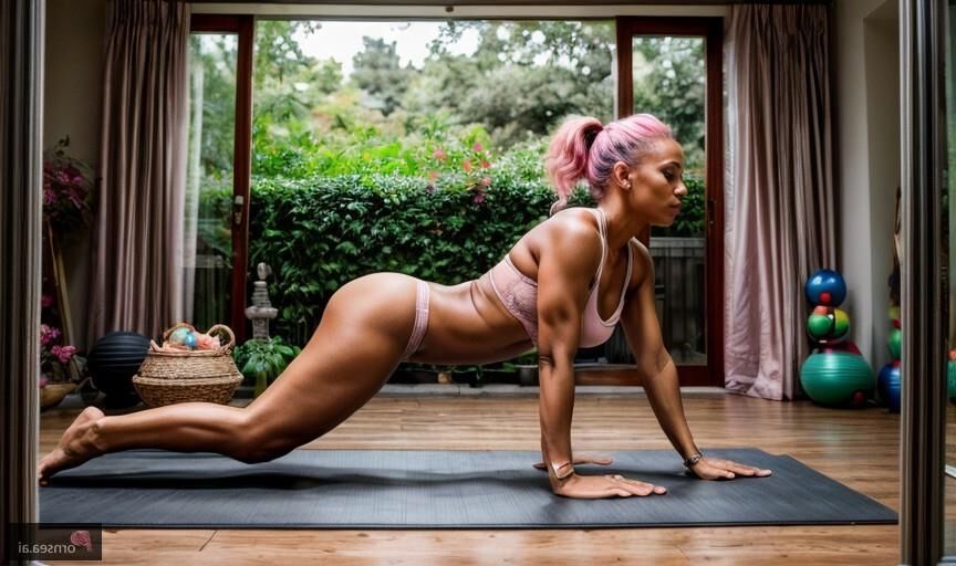 Nena fitness nigeriana de pelo rosado se bombea arriba y abajo