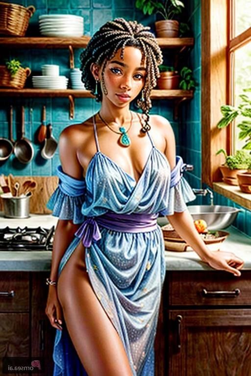 Kitchen tryst with a stunning blue-haired beauty