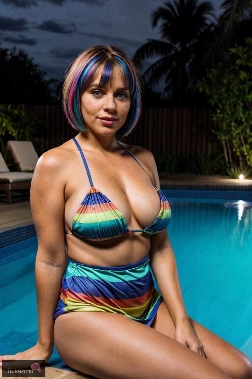 Belleza arcoiris salpicando sus curvas en la fiesta en la piscina