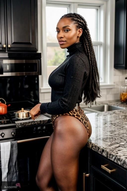 Belleza negra sexy cocina algo caliente en casa