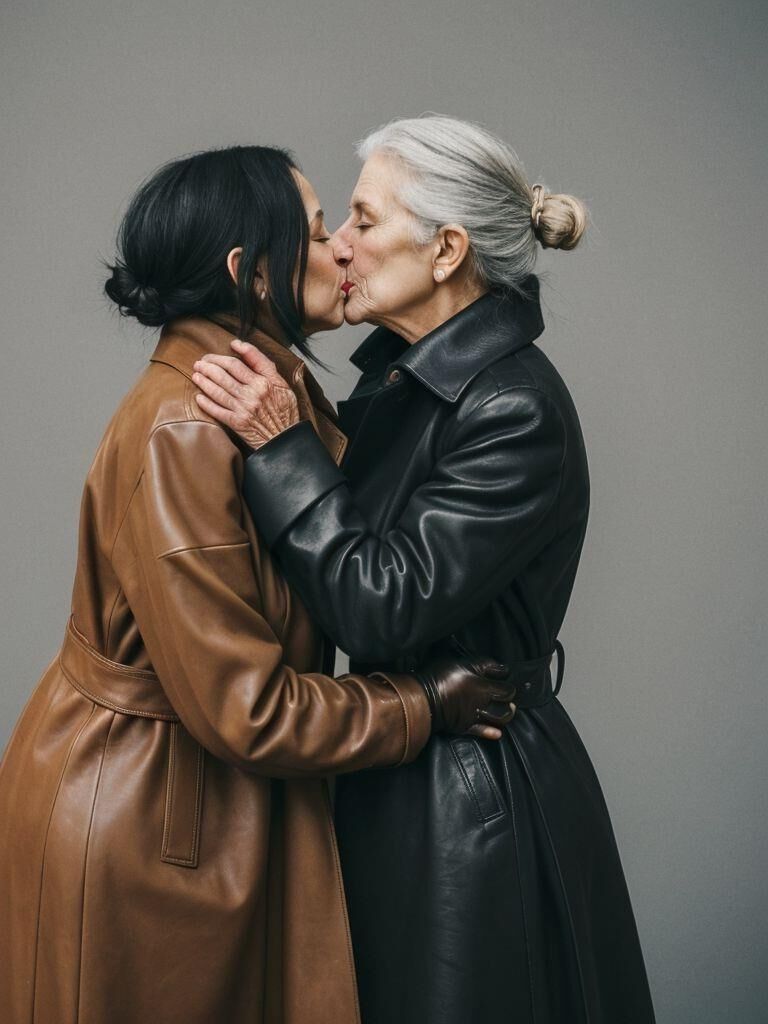 AI - Older ladies in long leather coats making out