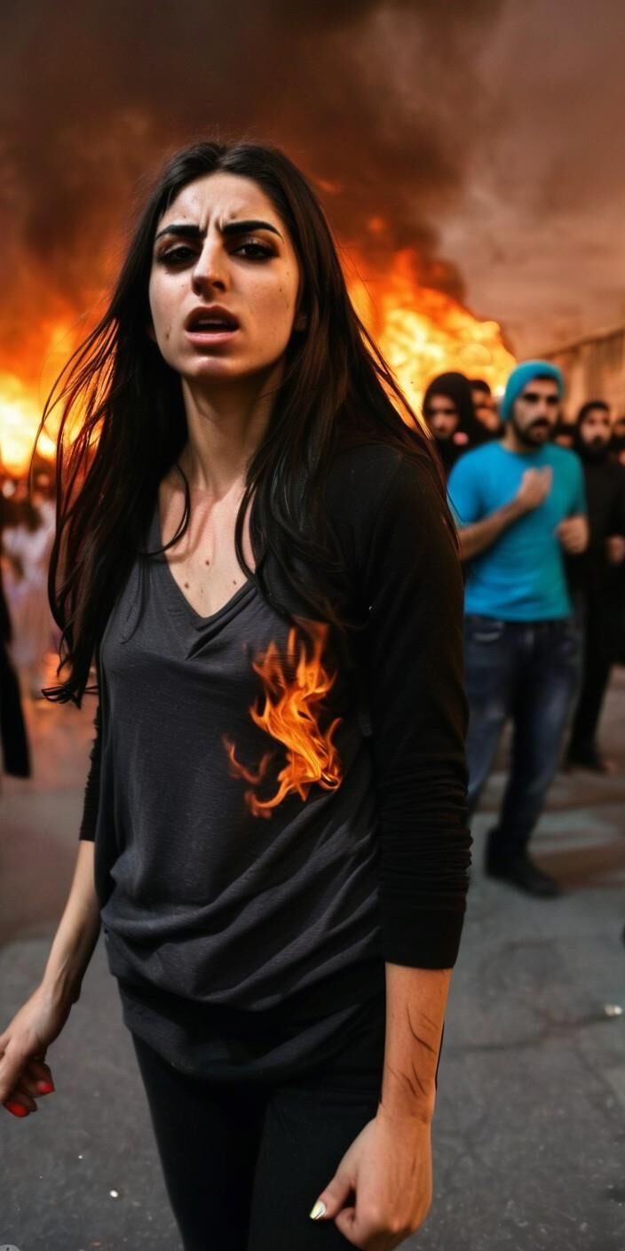 Iranian woman naked at a chaotic street protest in Tehran