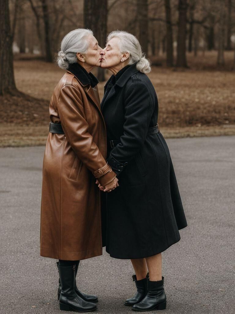 AI - Older ladies in long leather coats making out